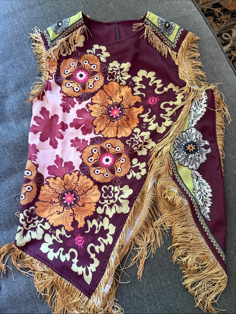Women’s Burgundy Floral Fringe Top with Orange & Yellow Accents